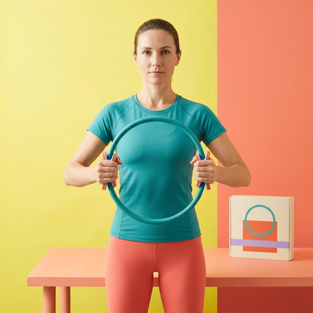 AI-generated female model holding Pilates ring