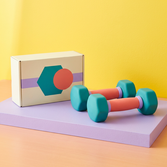 Main 1: matching teal and coral hex dumbbell pair and geometric box