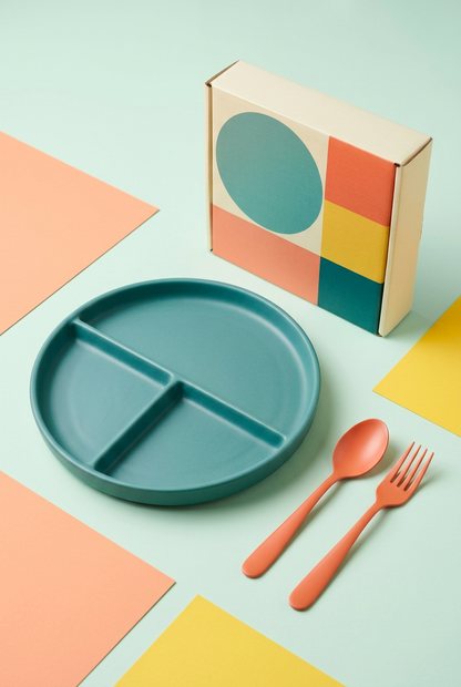 Detail image: plate, fork, spoon and unbranded packaging