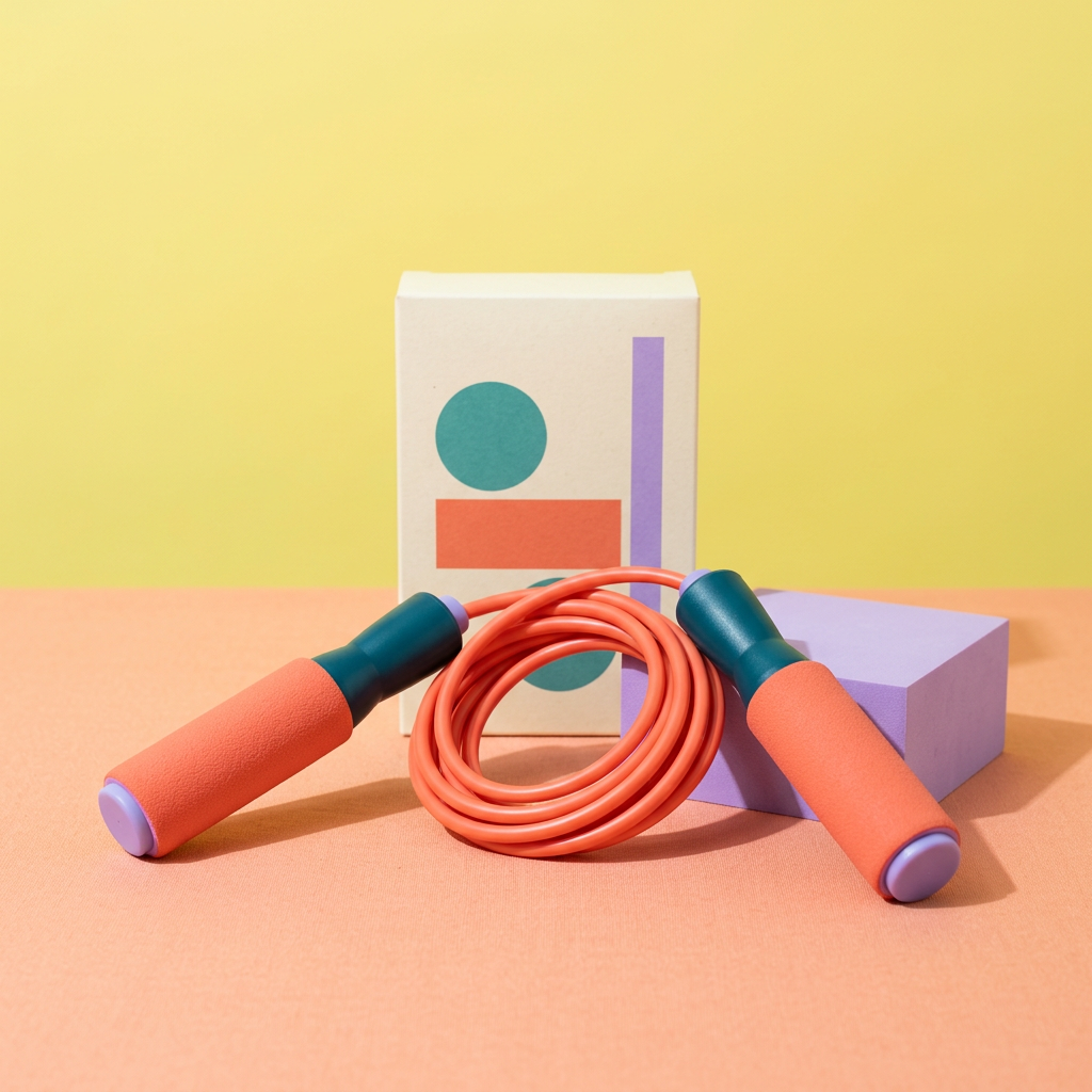 Main image 1: coral jump rope and unbranded geometric packaging