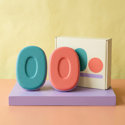 Main 1: teal coral oval pad pair and geometric box