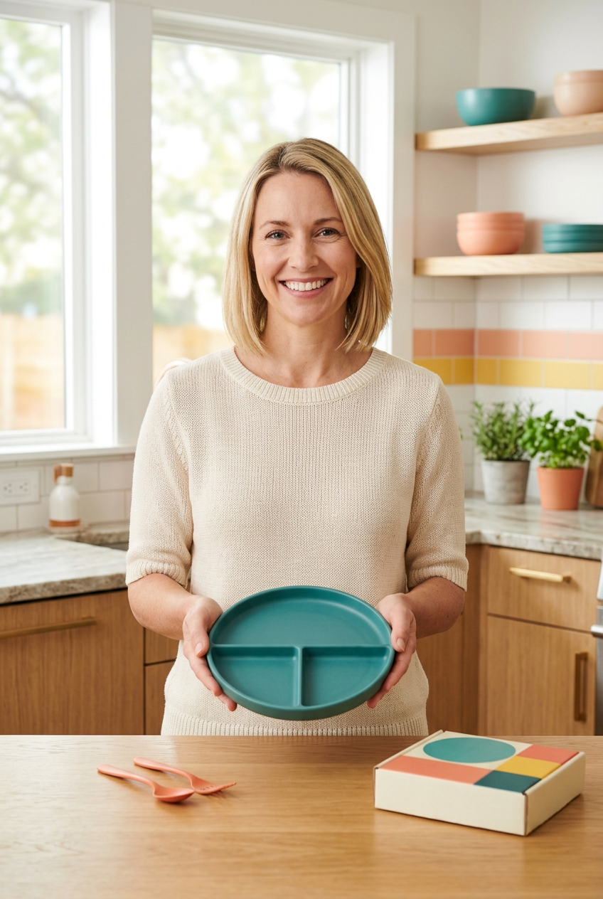 AI-generated adult female model holding teal portion plate