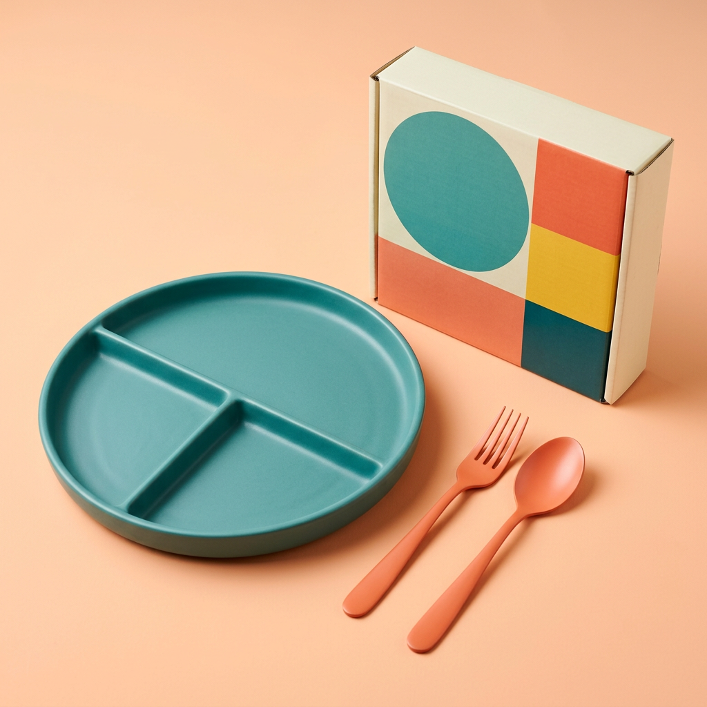 Main image: teal three-section portion plate, coral cutlery and geometric unbranded box