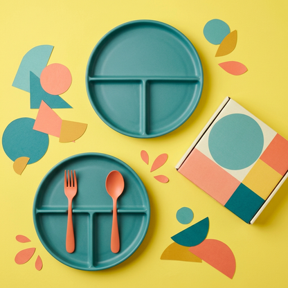 Main image: colorful flat lay of portion plate set