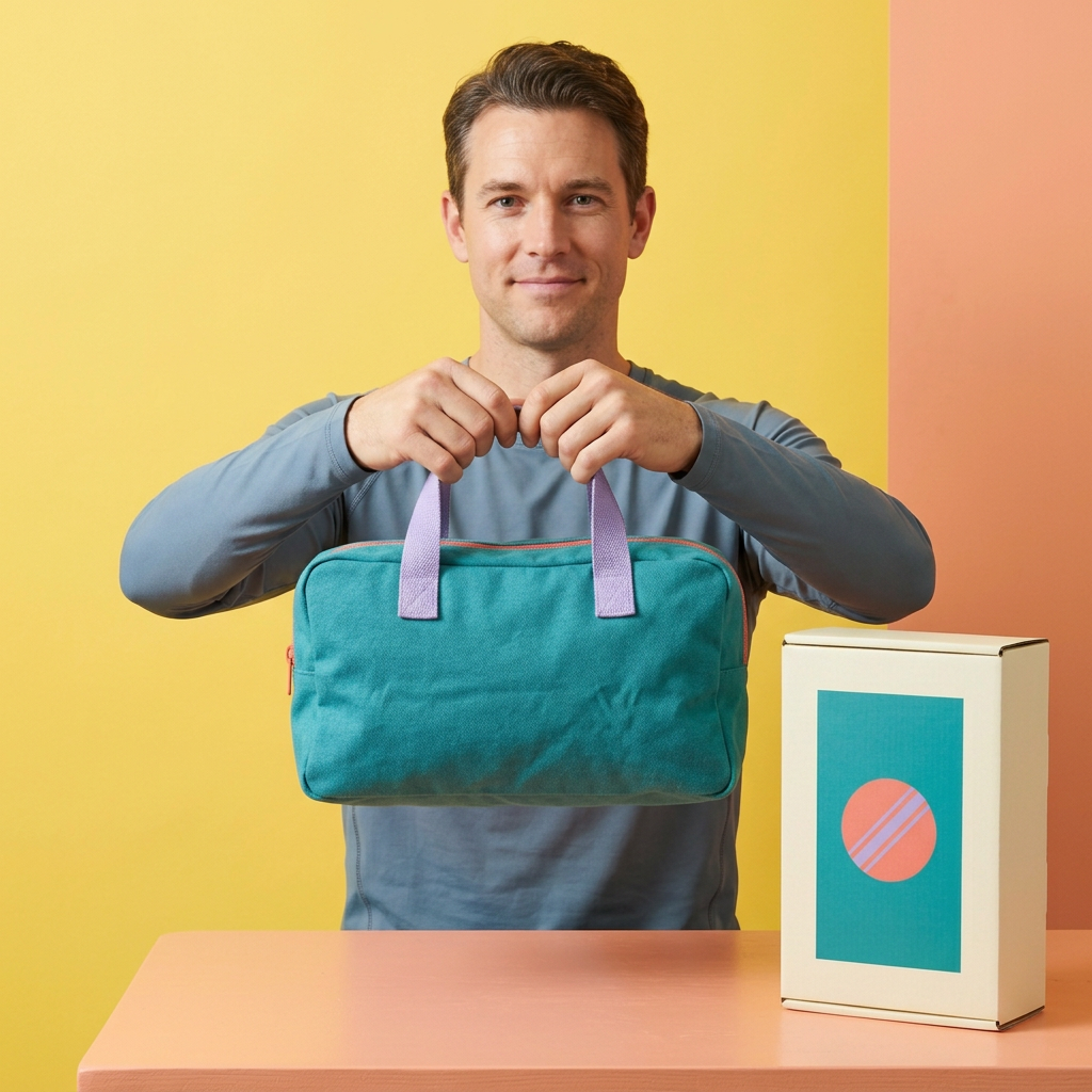 AI-generated adult male model holding pouch
