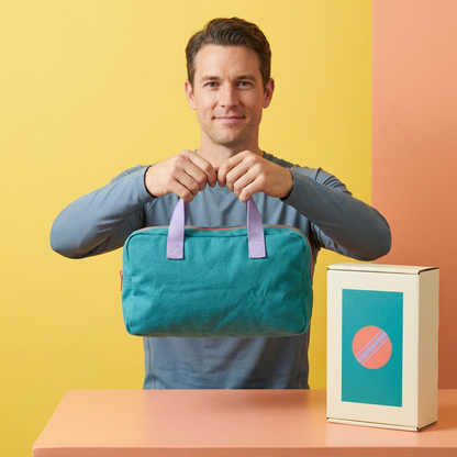 AI-generated adult male model holding pouch