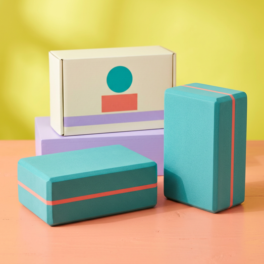 Main image 1: matching teal coral yoga blocks and unbranded packaging