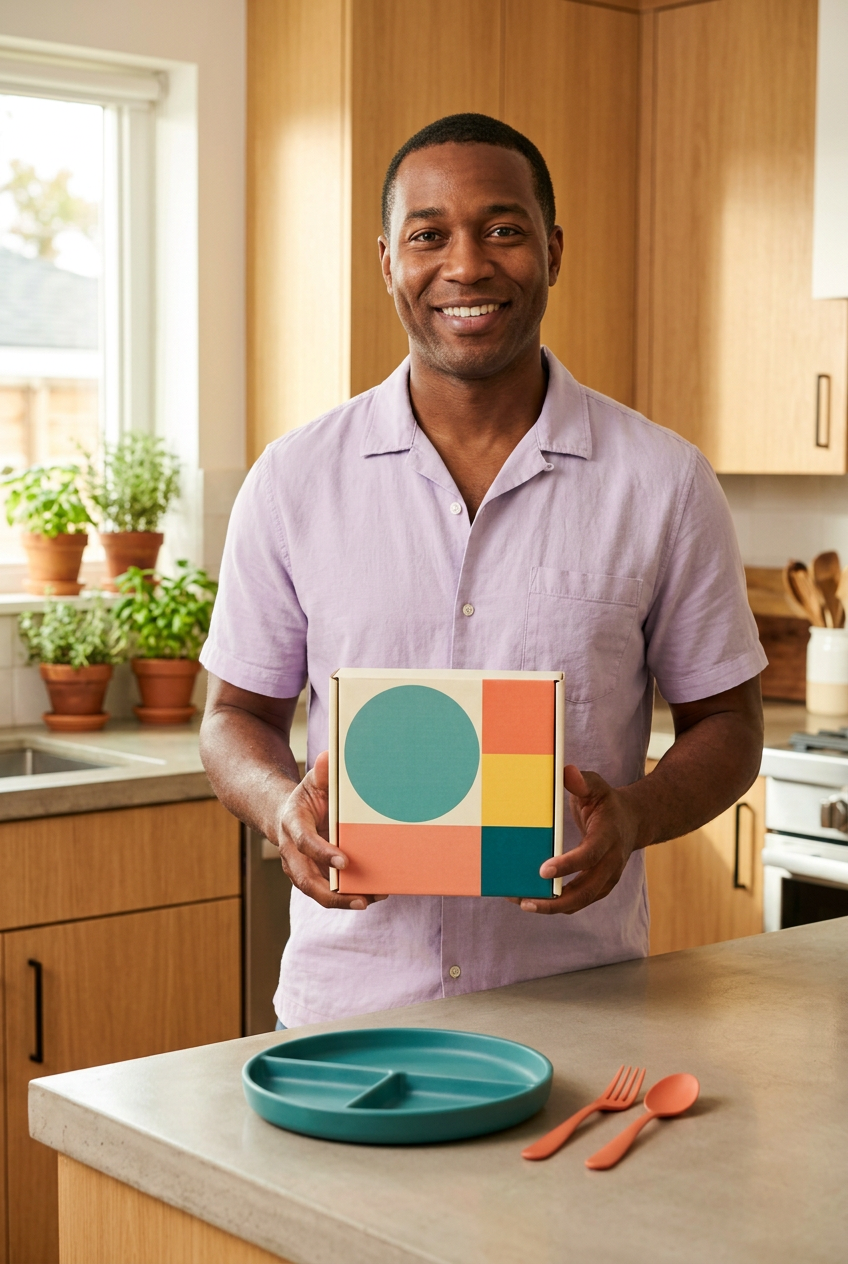 AI-generated adult male model holding unbranded product box