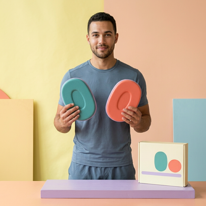 AI-generated adult male model holding pads