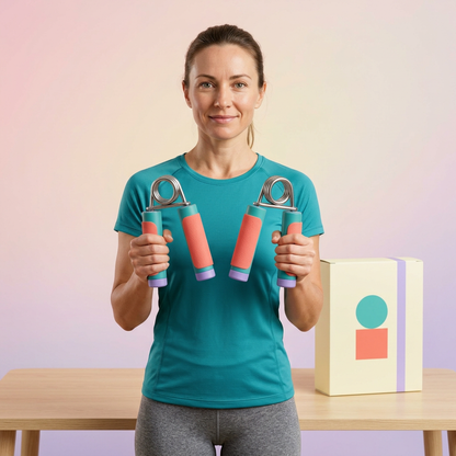 AI-generated female model holding hand grippers