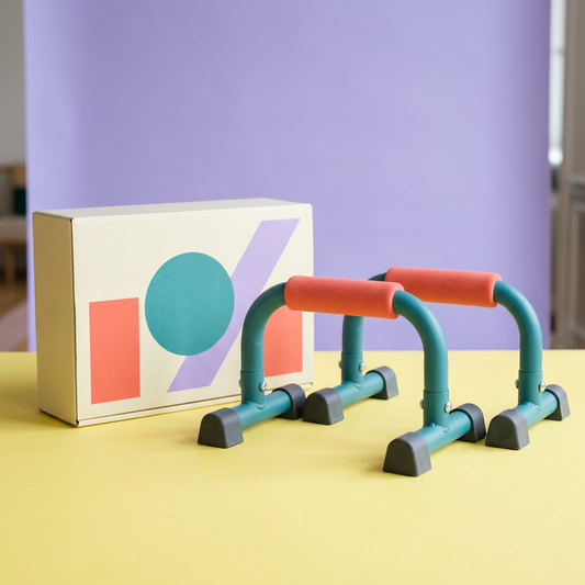 Main image 1: paired teal push-up bars and unbranded box